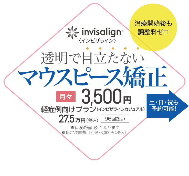 透明で目立たないマウスピース矯正(処置・検査等追加費用ゼロ)